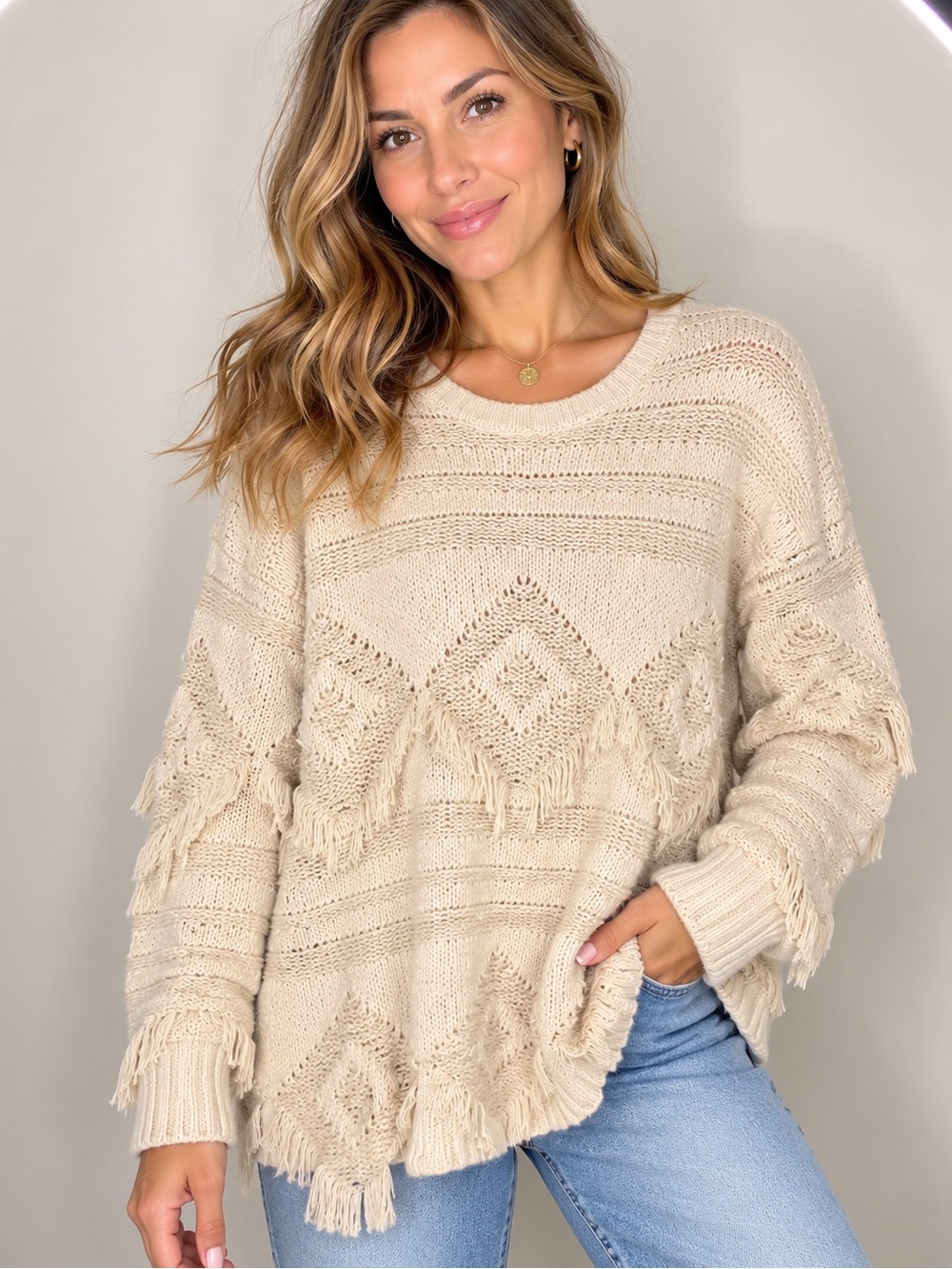 Show Me Your MuMu Cream Fringe Knit Crewneck Sweater